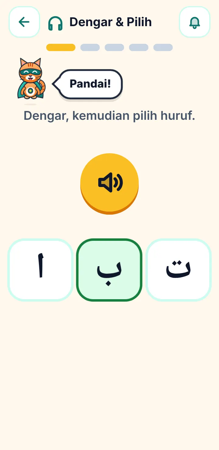 Skrin Dengar & Pilih: anak memilih huruf ba yang betul