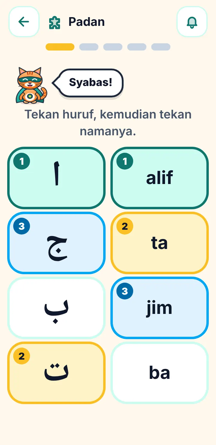Skrin Padan: tiga pasangan huruf dan nama sudah dipadankan dengan warna berbeza