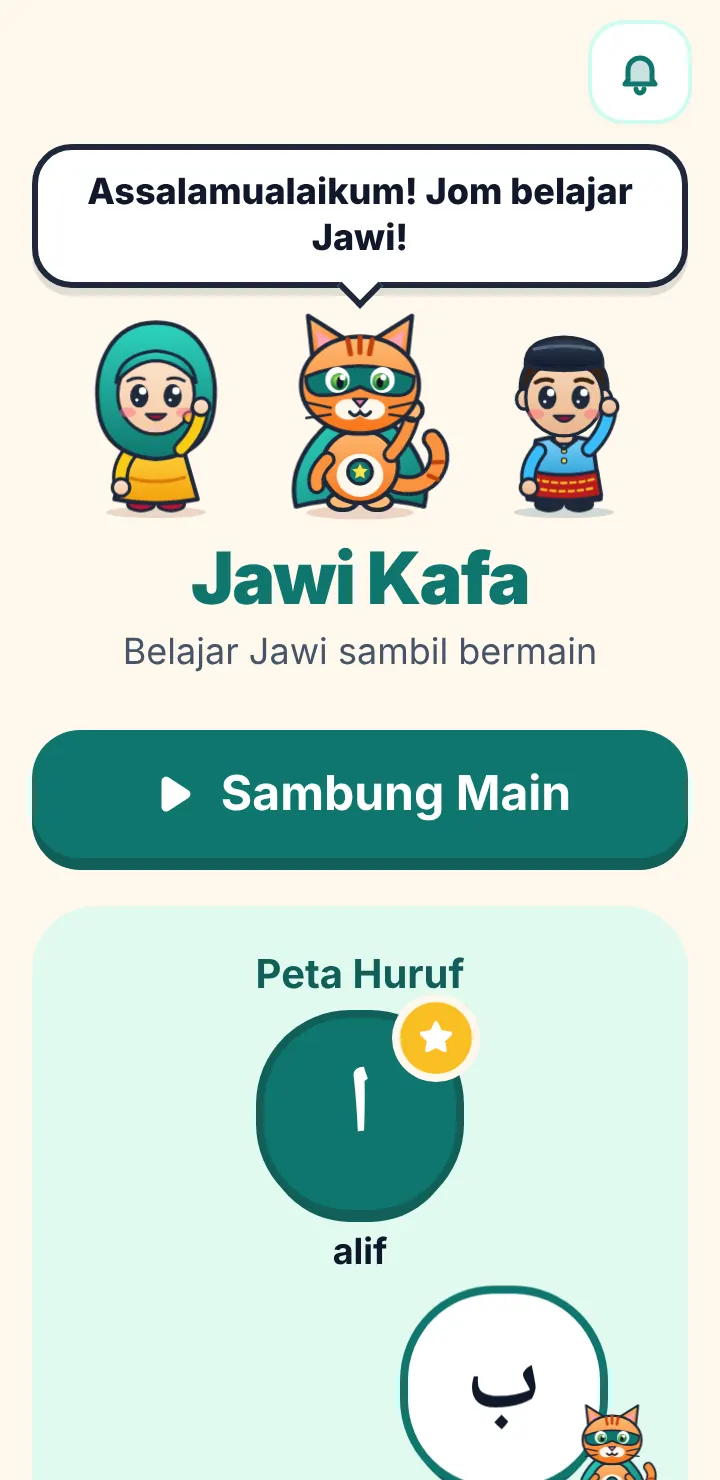 Skrin utama app: peta huruf dengan alif selesai dan ba sedang dimain