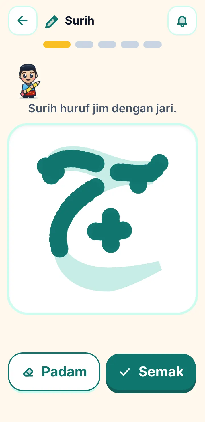 Skrin app: anak sedang menyurih huruf jim dengan jari