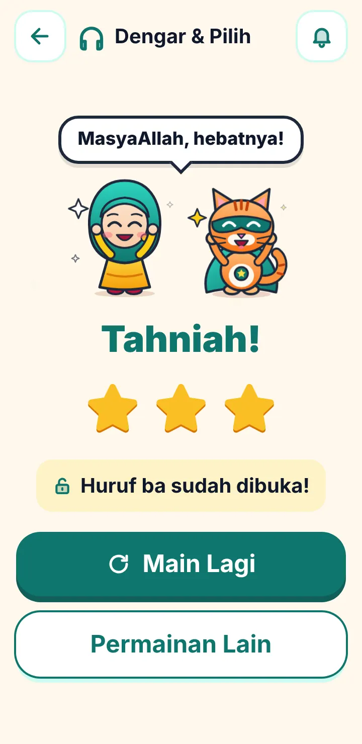 Skrin tahniah: tiga bintang dan huruf ba sudah dibuka